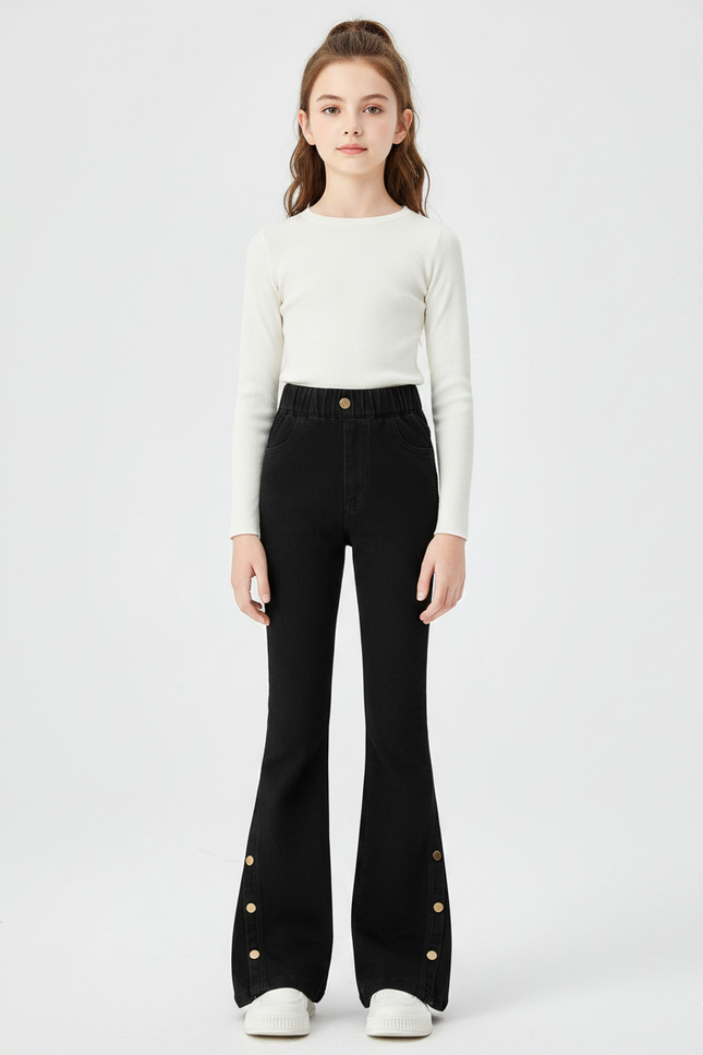 Pantalon Noir Évasé Boutons Dorés Fille - Jean