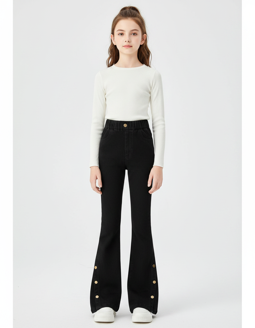 Pantalon Noir Évasé Boutons Dorés Fille - Jean