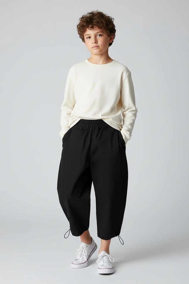 Pantalon Noir Ample Décontracté Enfant Cordon - Gabardine
