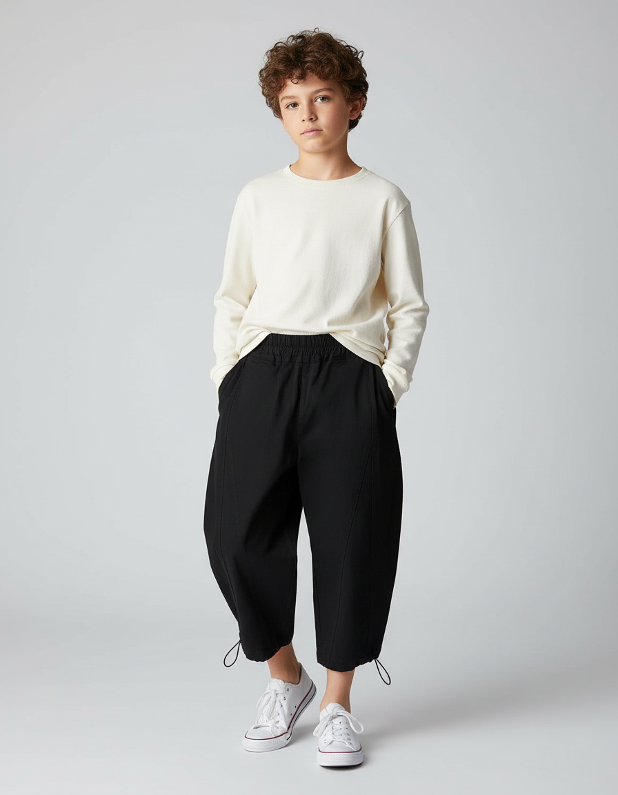 Pantalon Noir Ample Décontracté Enfant Cordon - Gabardine