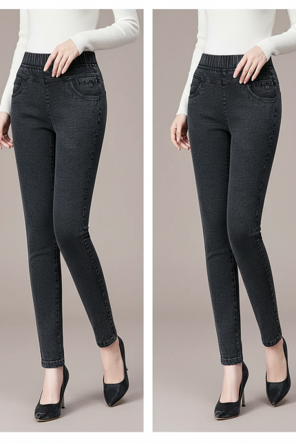 Pantalon Noir Jean Slim Femme Taille Haute Élastique