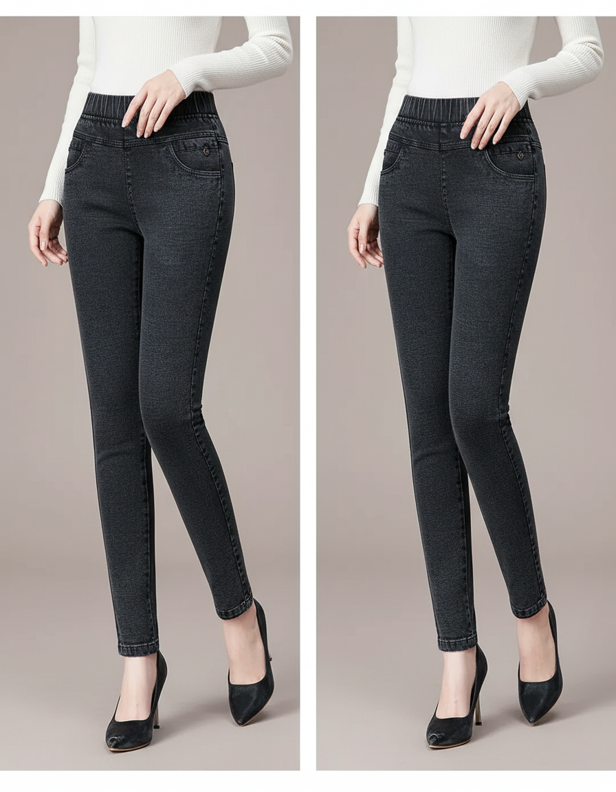Pantalon Noir Jean Slim Femme Taille Haute Élastique