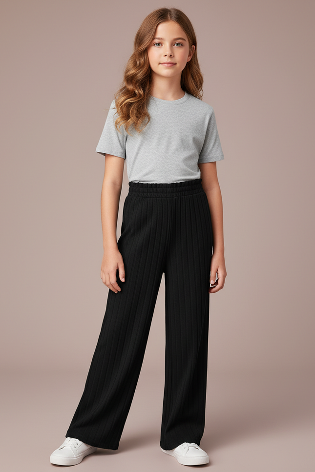 Pantalon Noir Large Plissé Confortable Fille - Maille