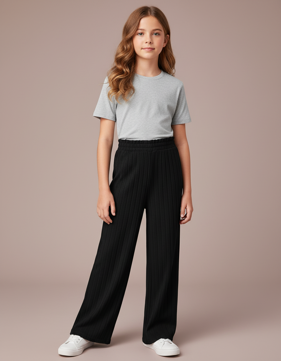 Pantalon Noir Large Plissé Confortable Fille - Maille