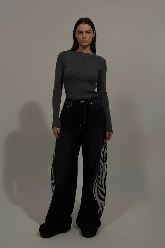 Pantalon Noir Baggy Tribal Ample Streetwear Femme - Jean