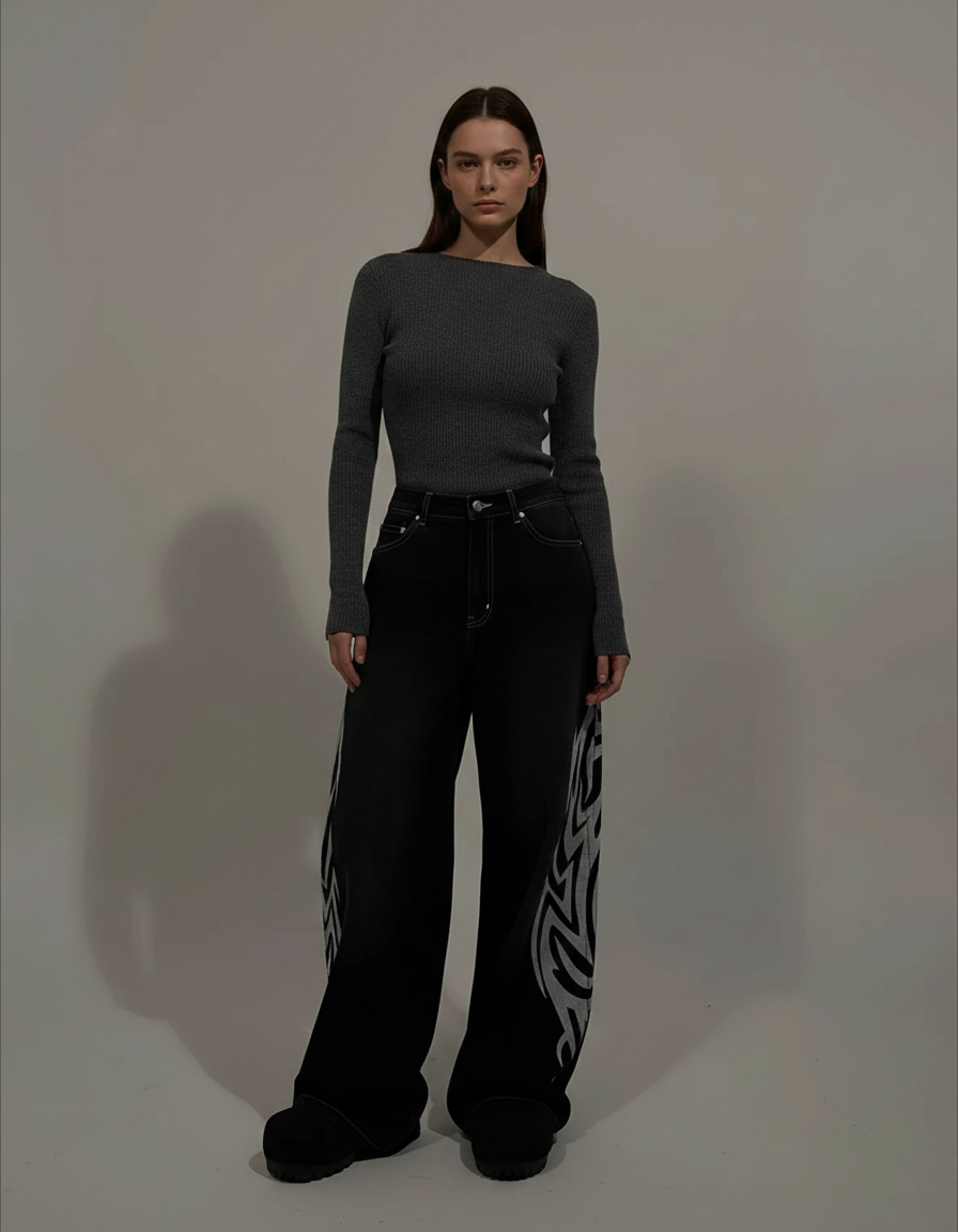 Pantalon Noir Baggy Tribal Ample Streetwear Femme - Jean