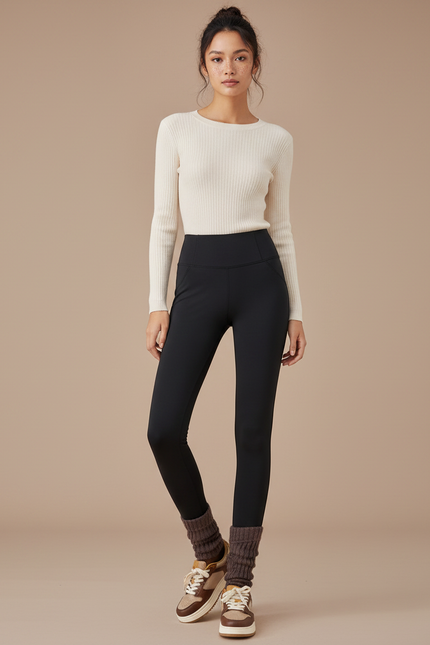 Pantalon Noir Femme Confortable Doublé Chaud Élastique Slim - Polyester