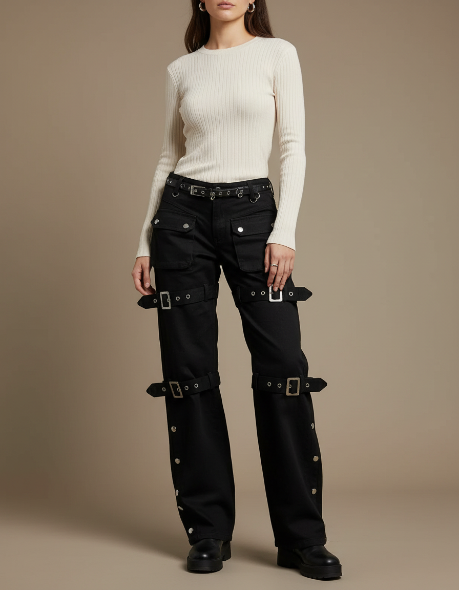 Pantalon Noir Cargo Boucles Y2K Streetwear Ample - Toile