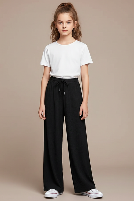 Pantalon Noir Ample Fluide Cordon Fille - Polyester