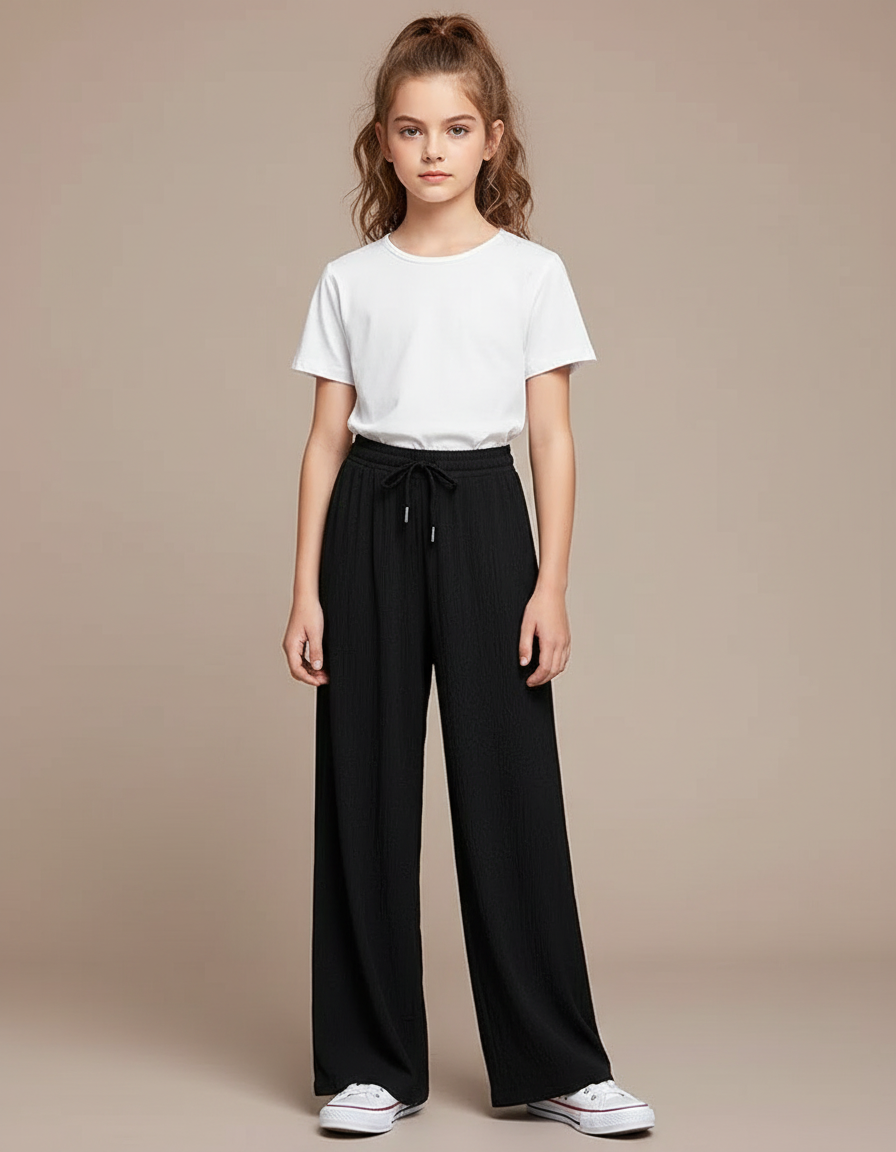 Pantalon Noir Ample Fluide Cordon Fille - Polyester