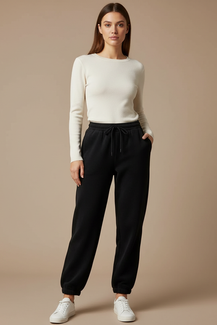 Pantalon Noir Molletonné Ample Confortable Décontracté Femme