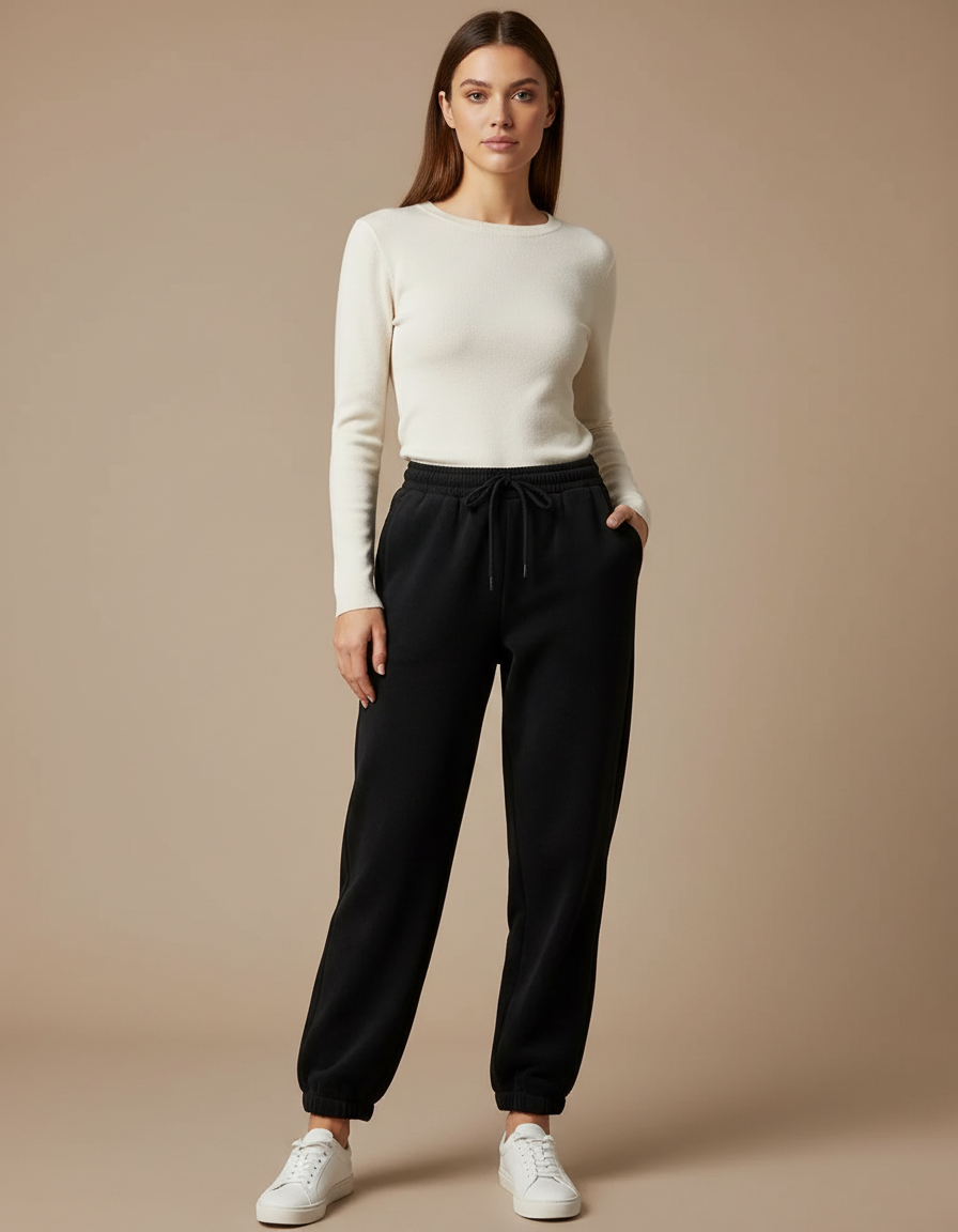 Pantalon Noir Molletonné Ample Confortable Décontracté Femme