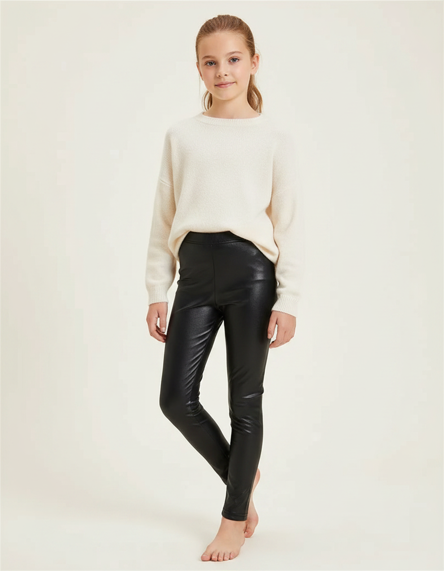 Pantalon Noir Similicuir Brillant Ajusté Fille - Simili cuir