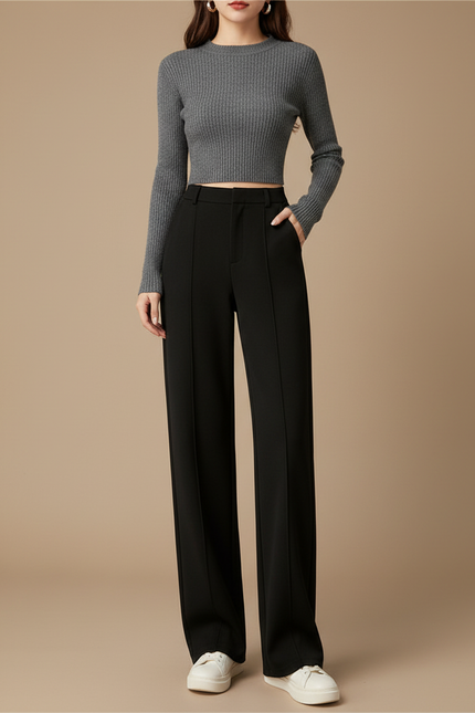 Pantalon Noir Ample Épais Chaud Élégant Femme - Gabardine