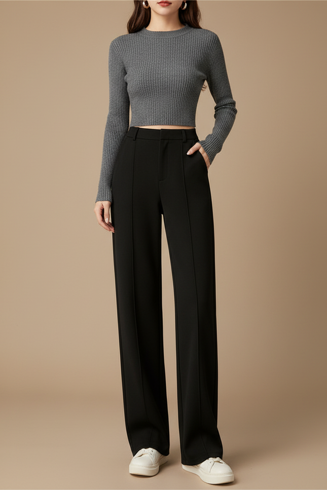 Pantalon Noir Ample Épais Chaud Élégant Femme - Gabardine