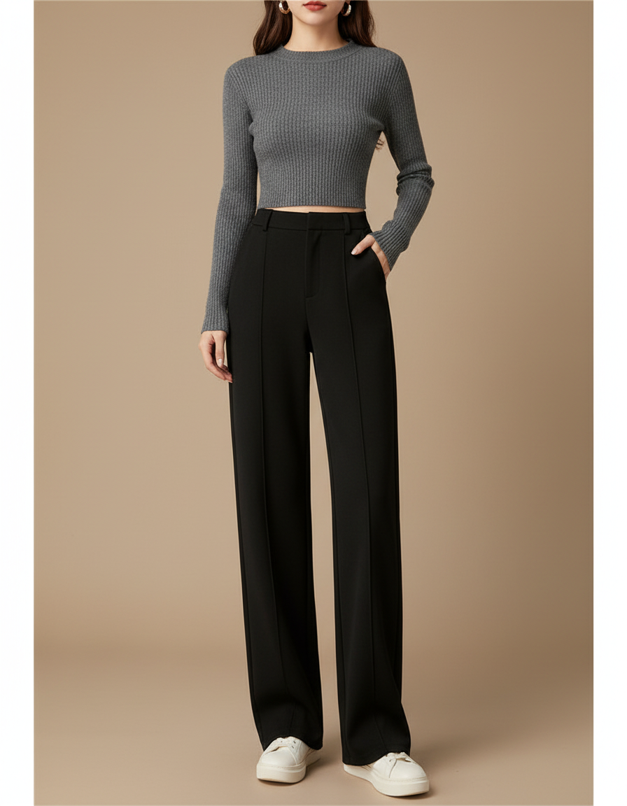 Pantalon Noir Ample Épais Chaud Élégant Femme - Gabardine