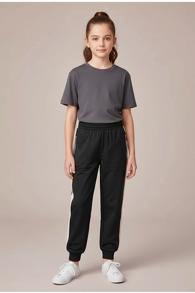 Pantalon Noir Avec Bande Blanche Sur Le Cote - Polyester