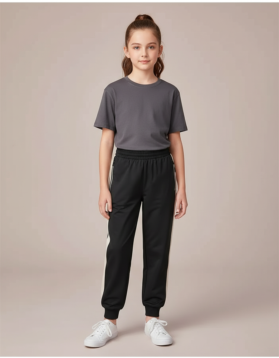 Pantalon Noir Avec Bande Blanche Sur Le Cote - Polyester