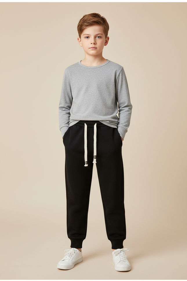 Pantalon Noir Molletonné Cordon Blanc Garçon Sport