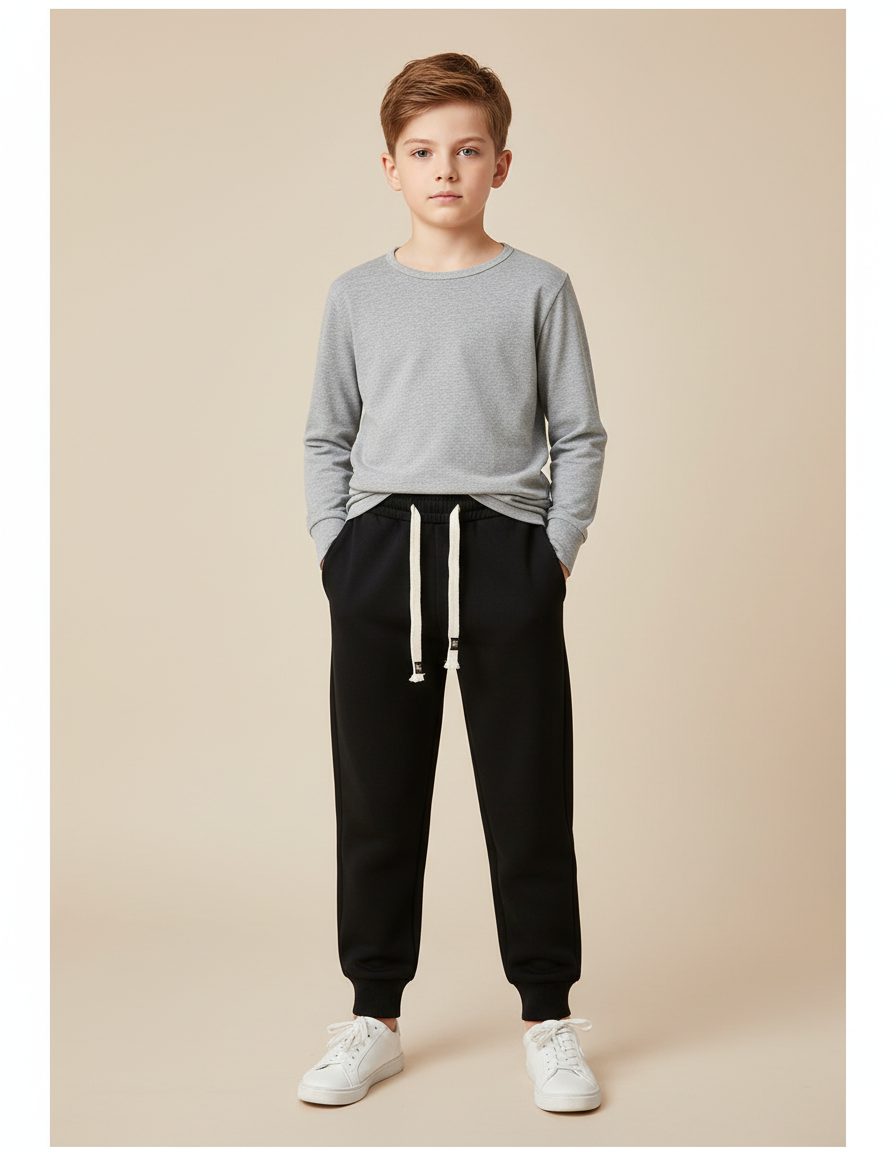 Pantalon Noir Molletonné Cordon Blanc Garçon Sport