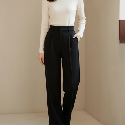 Pantalon Noir Droit Ample Élégant Femme Décontracté - Gabardine