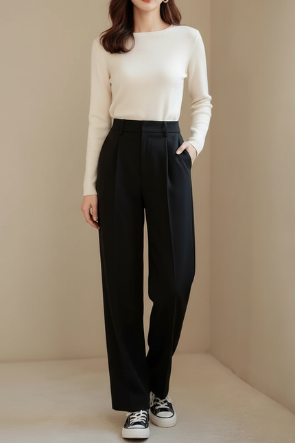 Pantalon Noir Droit Ample Élégant Femme Décontracté - Gabardine