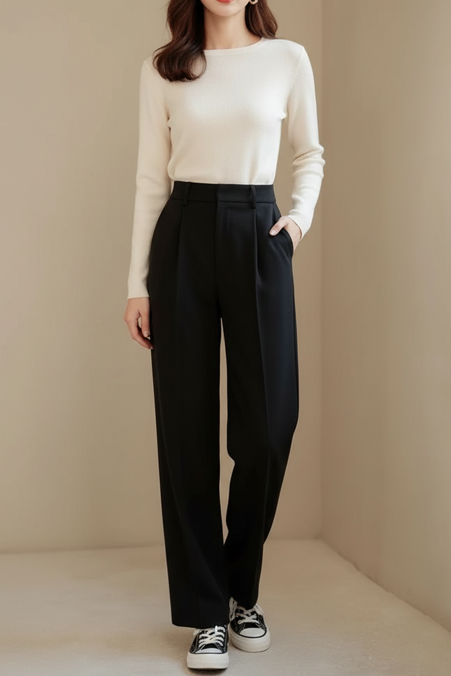 Pantalon Noir Droit Ample Élégant Femme Décontracté - Gabardine