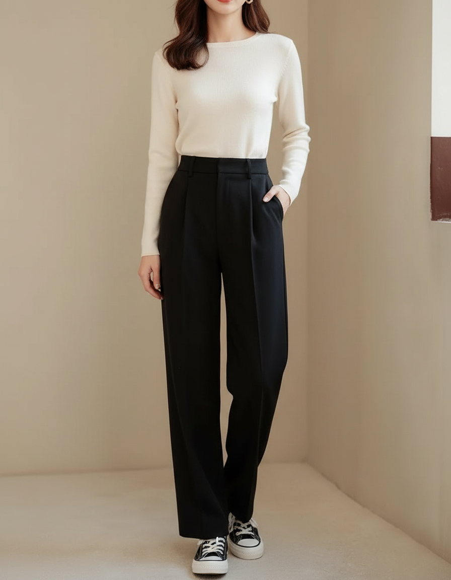Pantalon Noir Droit Ample Élégant Femme Décontracté - Gabardine