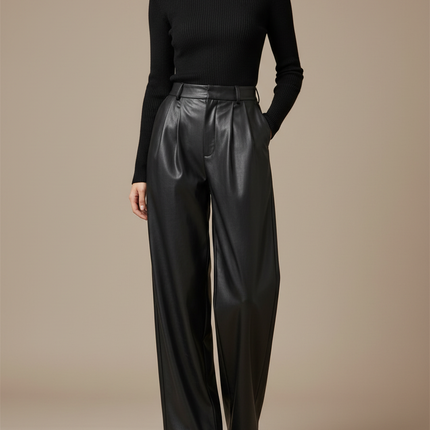 Pantalon Noir Similicuir Ample Plissé Taille Haute - Simili cuir
