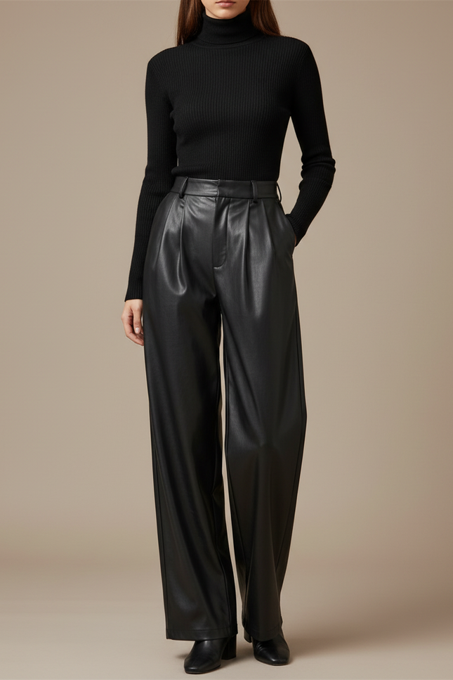 Pantalon Noir Similicuir Ample Plissé Taille Haute - Simili cuir