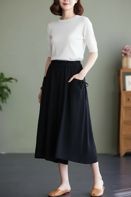 Pantalon Noir Ample Lin Coton Décontracté Femme