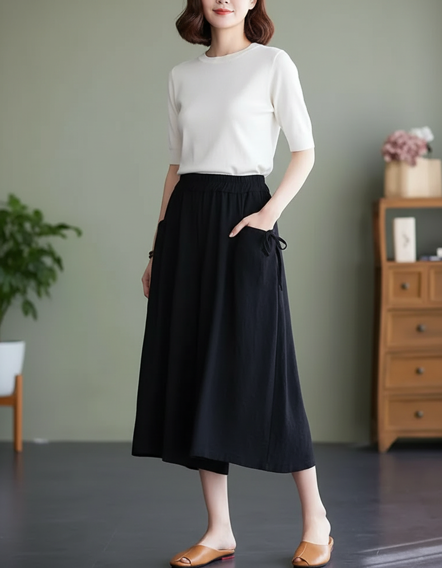 Pantalon Noir Ample Lin Coton Décontracté Femme