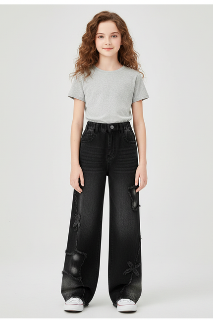 Pantalon Noir Denim Ample Déchiré Fille - Jean