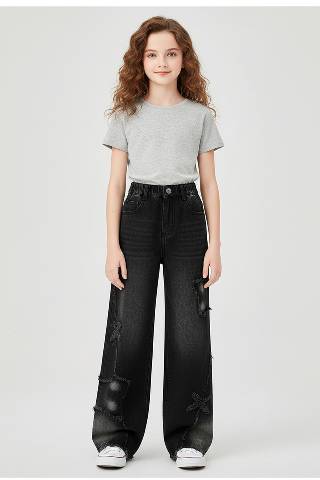 Pantalon Noir Denim Ample Déchiré Fille - Jean