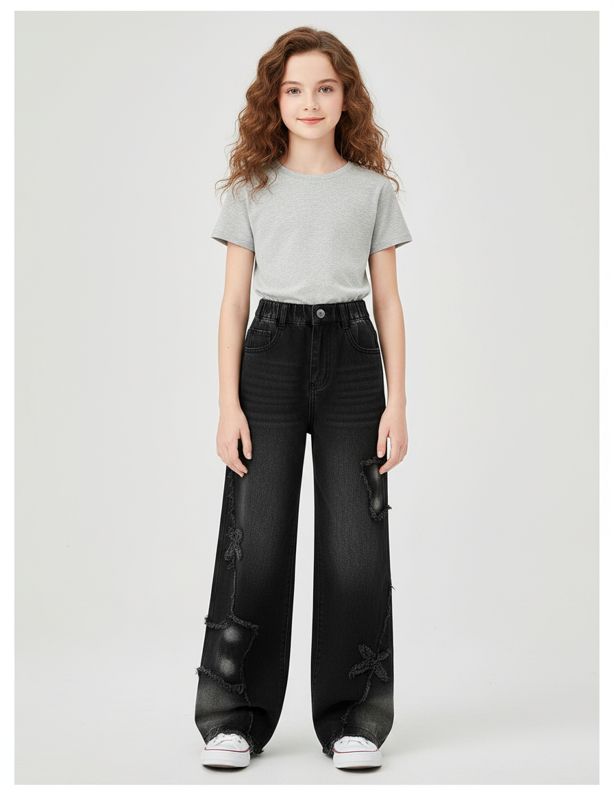 Pantalon Noir Denim Ample Déchiré Fille - Jean