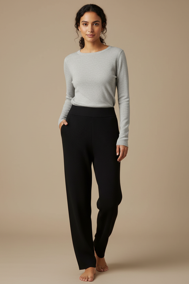 Pantalon Noir Tricot Côtelé Ample Confortable Femme - Maille