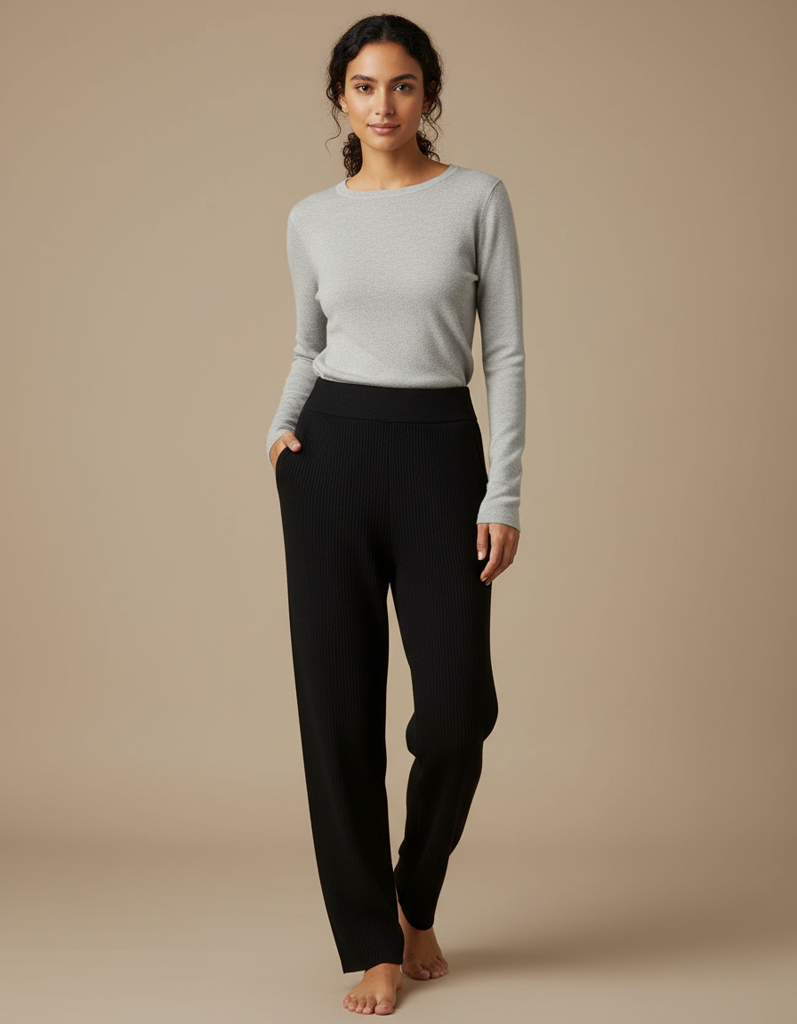 Pantalon Noir Tricot Côtelé Ample Confortable Femme - Maille