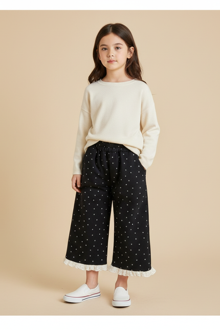 Pantalon Noir Ample Points Blancs Dentelle Fille - Coton