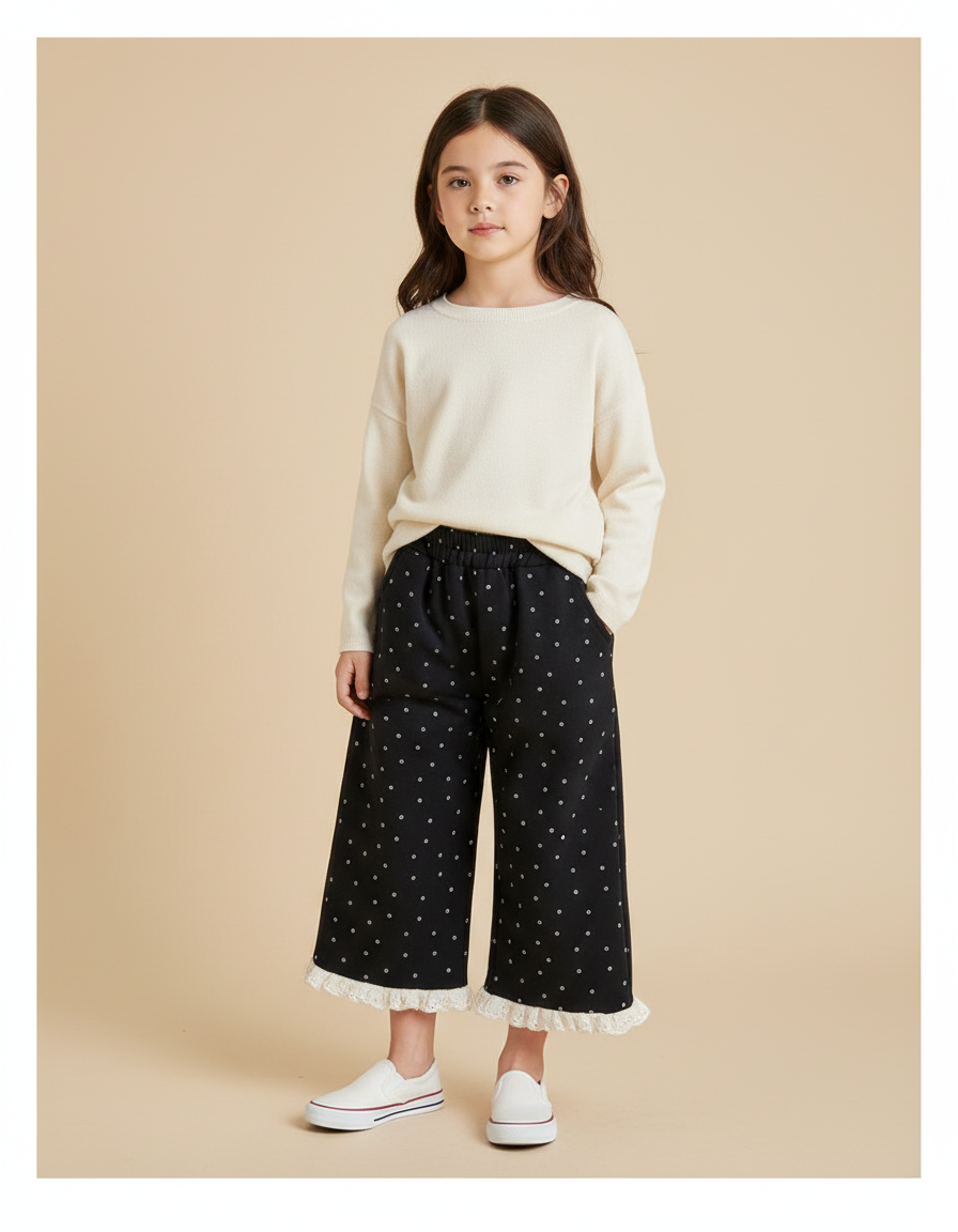 Pantalon Noir Ample Points Blancs Dentelle Fille - Coton