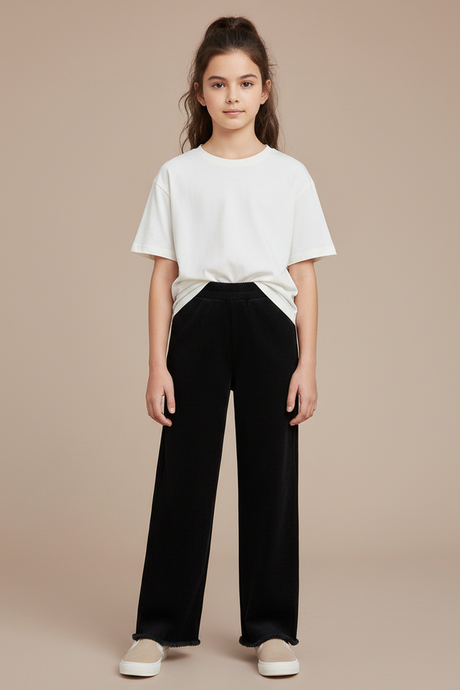 Pantalon Noir Côtelé Ample Fille Décontracté - Cordé