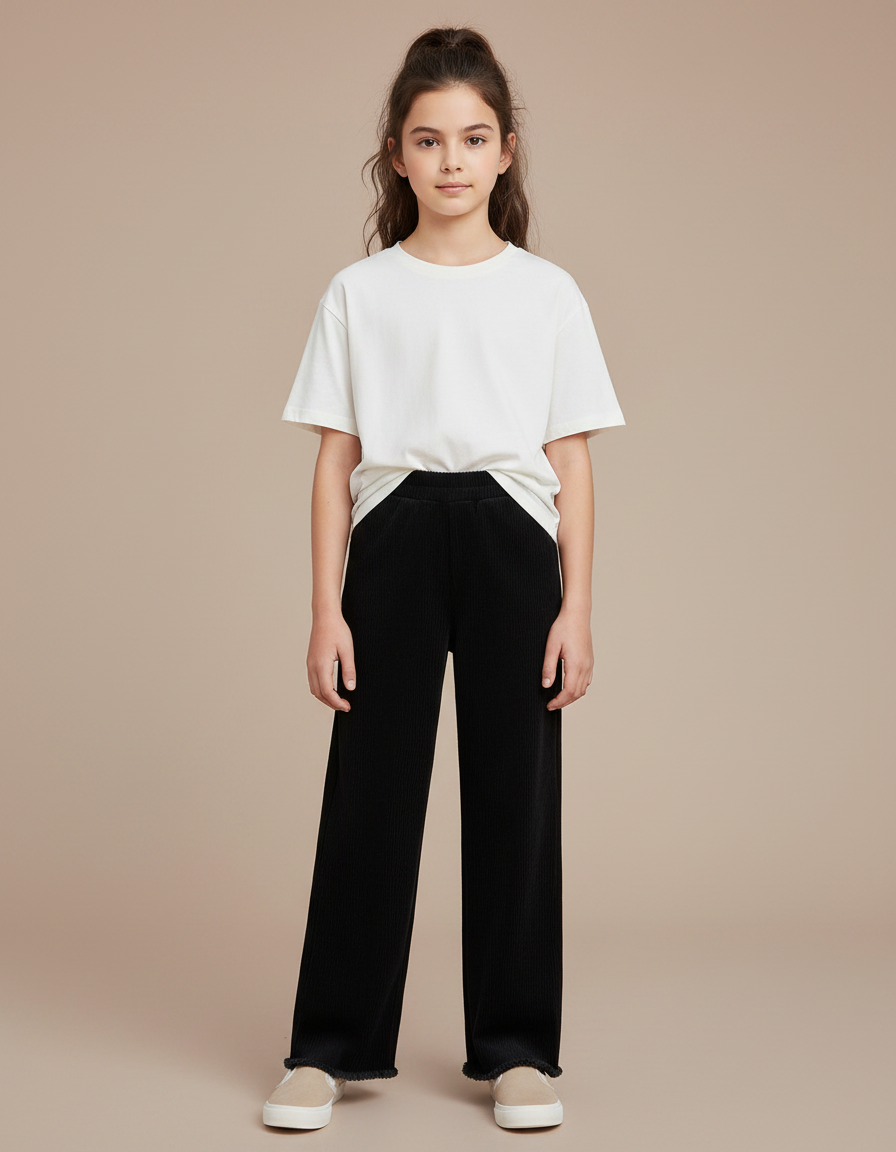 Pantalon Noir Côtelé Ample Fille Décontracté - Cordé