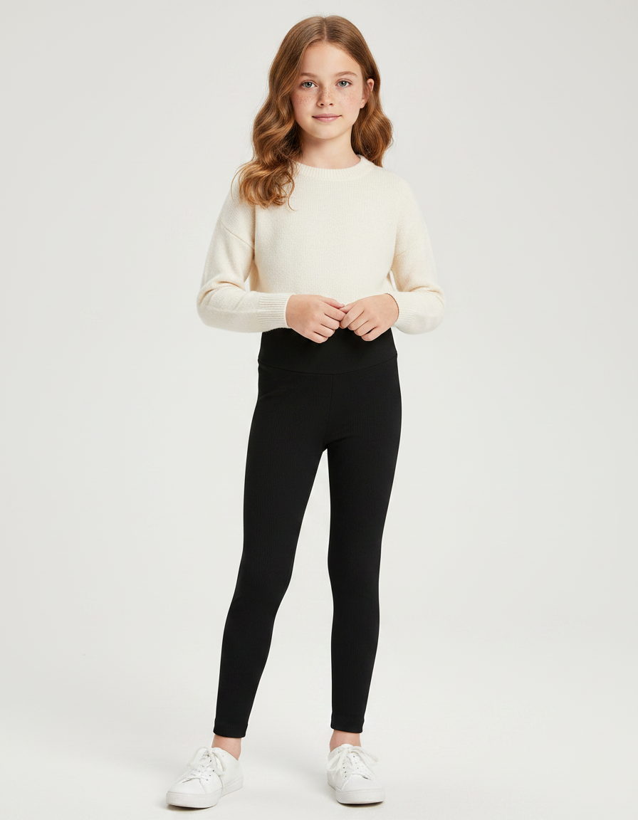 Pantalon Noir Côtelé Ajusté Confortable Fille - Maille