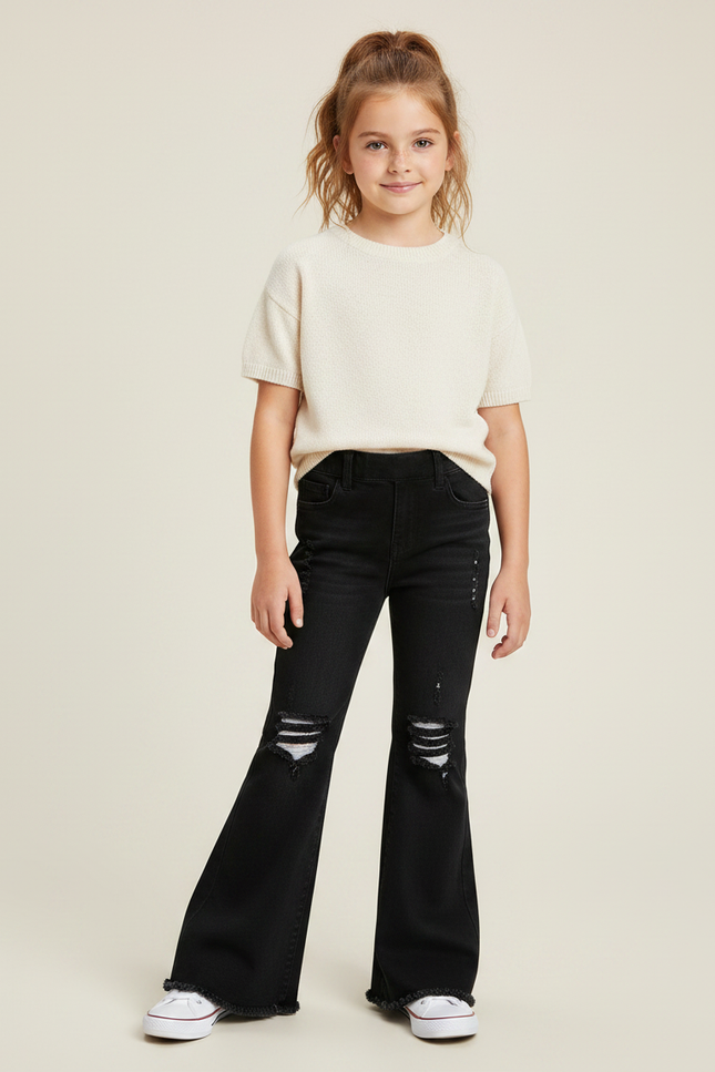 Pantalon Noir Évasé Déchiré Fille Confortable - Jean