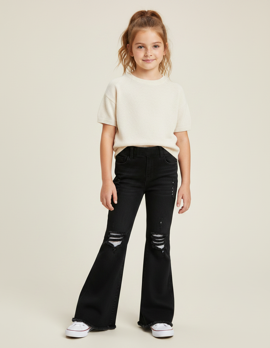 Pantalon Noir Évasé Déchiré Fille Confortable - Jean