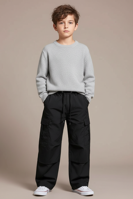 Pantalon Noir Cargo Ample Décontracté Garçon Multi-Poches - Polyester