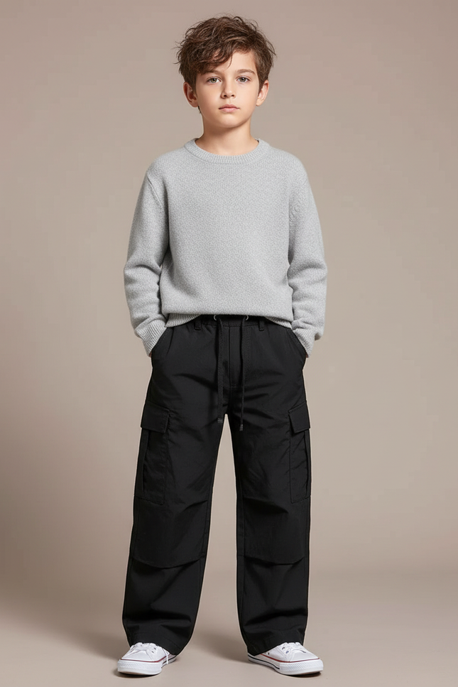 Pantalon Noir Cargo Ample Décontracté Garçon Multi-Poches - Polyester