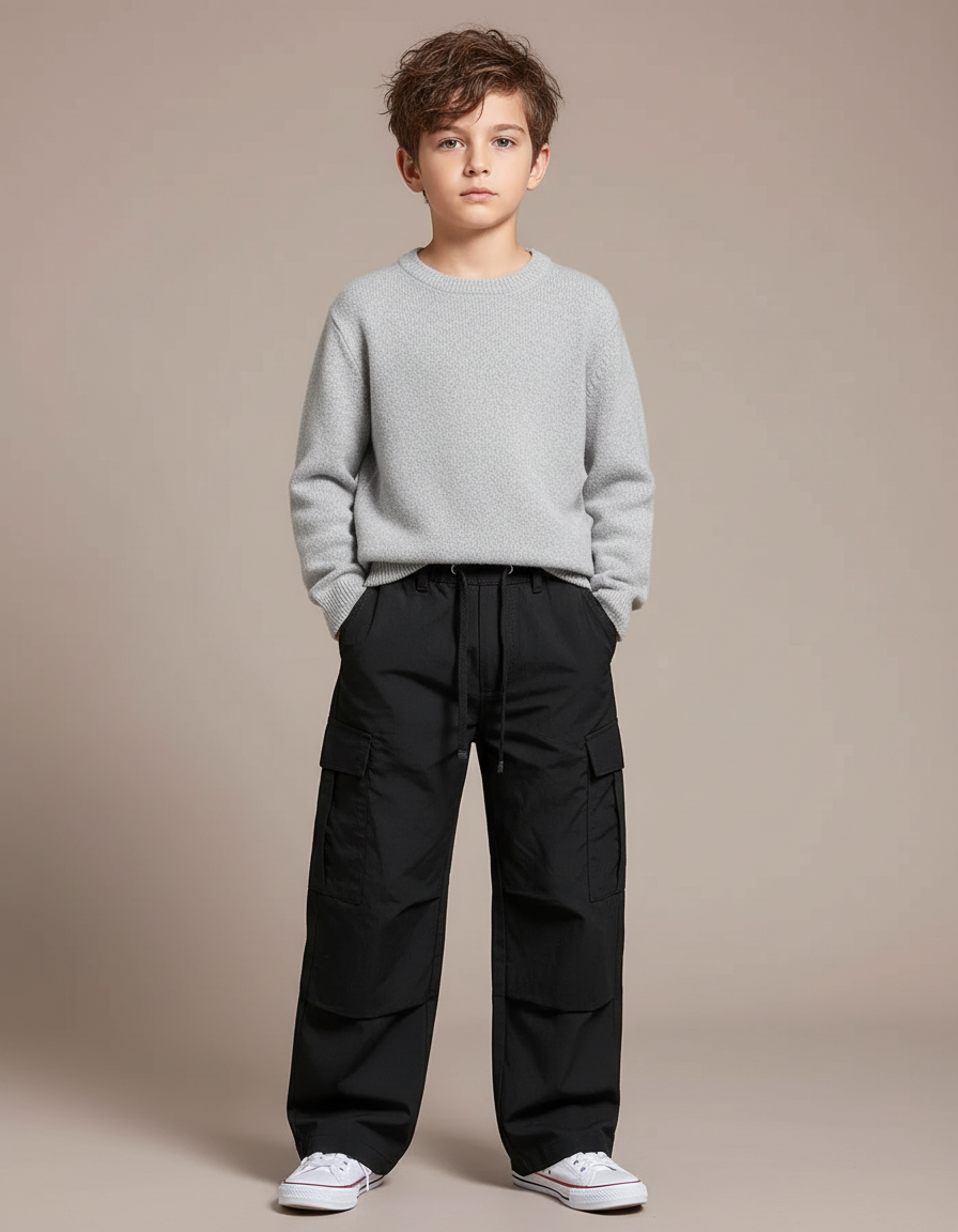 Pantalon Noir Cargo Ample Décontracté Garçon Multi-Poches - Polyester