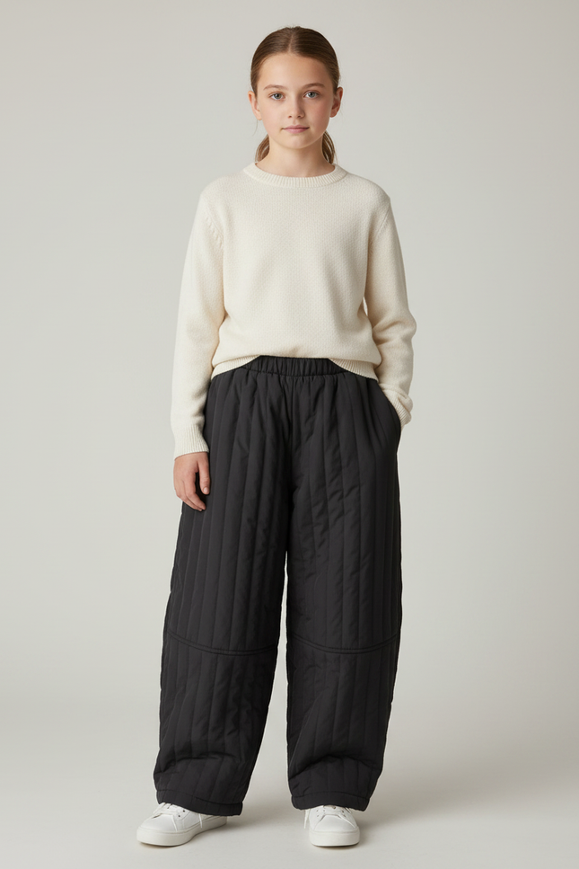 Pantalon Noir Matelassé Ample Hiver Enfant Fille - Polyester