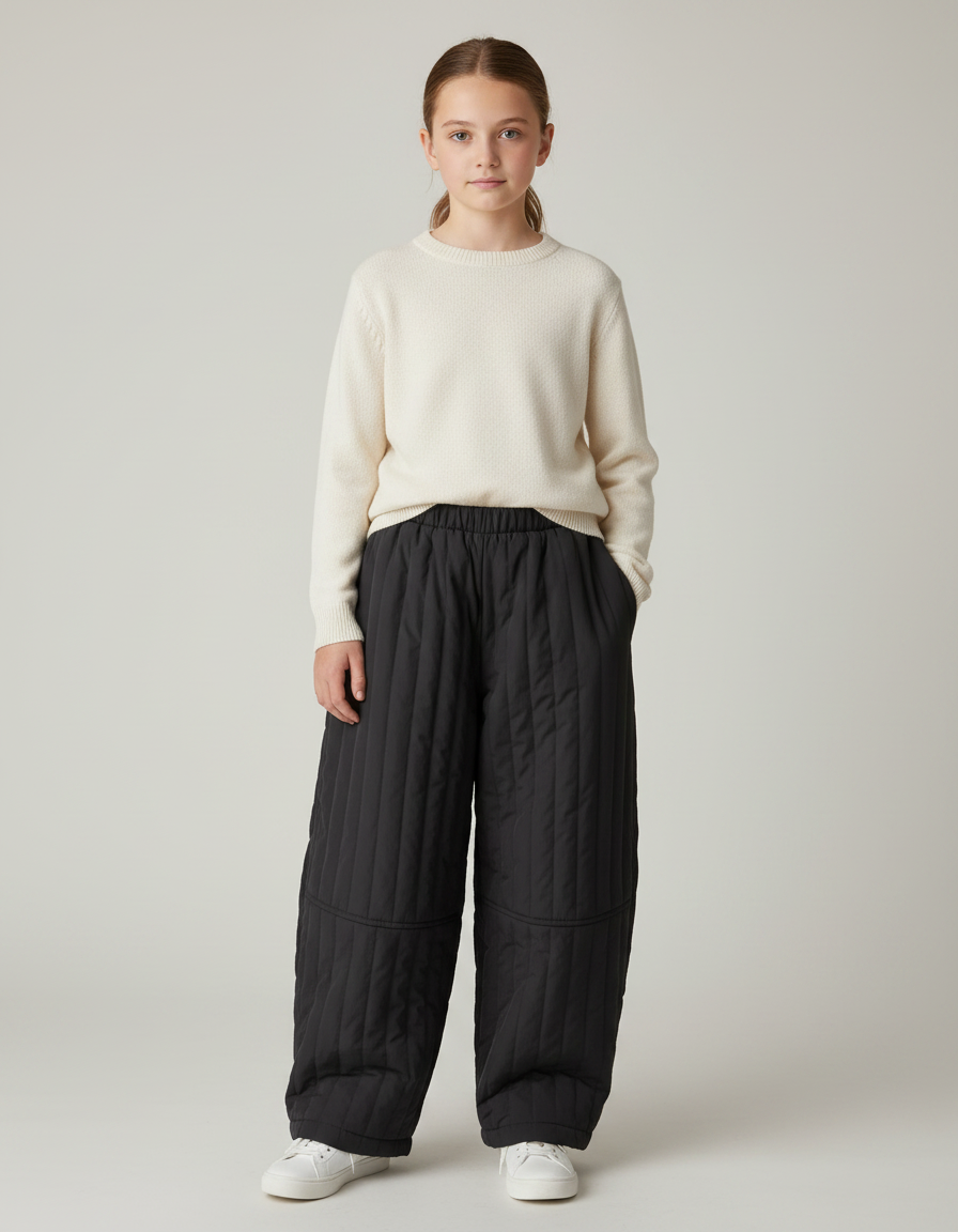 Pantalon Noir Matelassé Ample Hiver Enfant Fille - Polyester