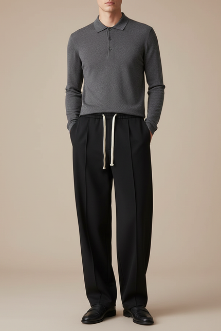 Pantalon Noir Ample Droit Décontracté Cordon Homme - Polyester